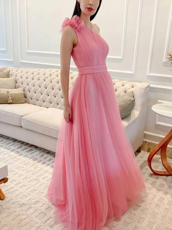A-line One Shoulder Tulle Floor-length Prom Dresses With Sashes / Ribbons #UKM020113636