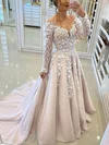 Princess Off-the-shoulder Tulle Sweep Train Prom Dresses With Appliques Lace #UKM020113640