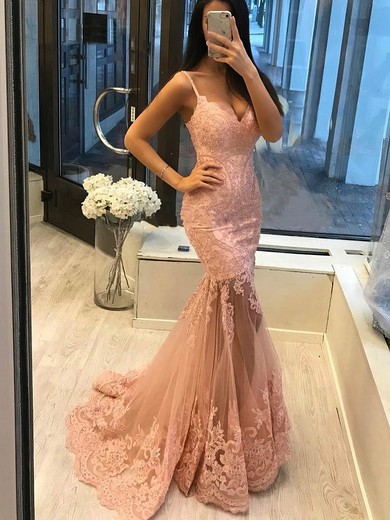Trumpet/Mermaid V-neck Tulle Sweep Train Prom Dresses With Appliques Lace #UKM020113641
