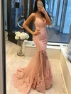 Trumpet/Mermaid Sweep Train V-neck Tulle Appliques Lace Prom Dresses #UKM020113641
