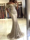 Trumpet/Mermaid Off-the-shoulder Lace Sweep Train Prom Dresses With Appliques Lace #UKM020113642