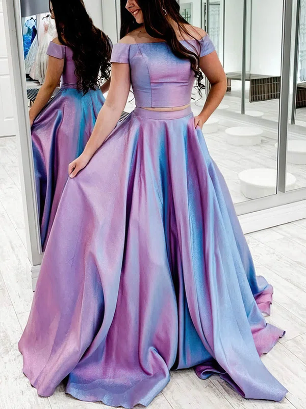 Princess Off-the-shoulder Satin Sweep Train Prom Dresses With Pockets #UKM020113646