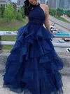 Princess Halter Lace Tulle Floor-length Prom Dresses With Cascading Ruffles #UKM020113649