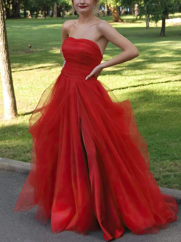 A-line Strapless Tulle Floor-length Prom Dresses With Split Front #UKM020113650