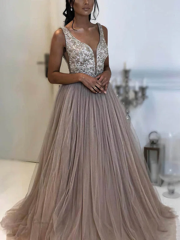 Princess V-neck Tulle Sweep Train Prom Dresses With Beading #UKM020113652