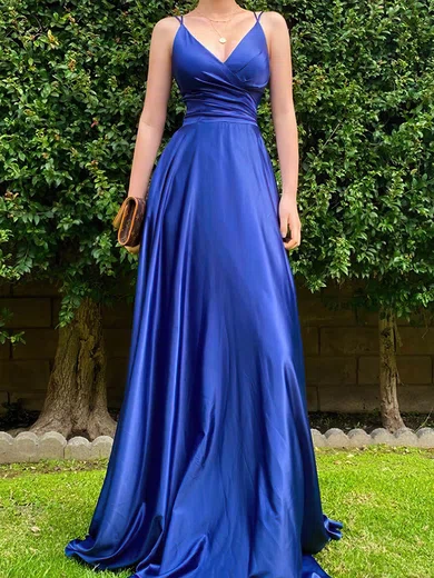A-line V-neck Floor-length Satin Prom Dresses With Ruched #UKM020113653