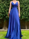 A-line V-neck Silk-like Satin Floor-length Prom Dresses With Ruffles #UKM020113653