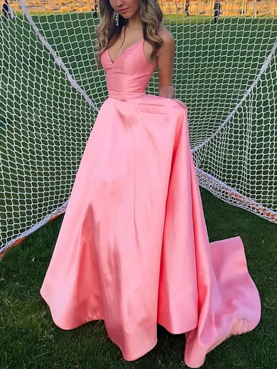 A-line V-neck Satin Sweep Train Prom Dresses With Pockets #UKM020113654