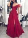 A-line Off-the-shoulder Tulle Floor-length Prom Dresses With Feathers / Fur #UKM020113657