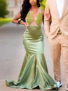 Trumpet/Mermaid V-neck Silk-like Satin Sweep Train Prom Dresses With Appliques Lace #UKM020113664