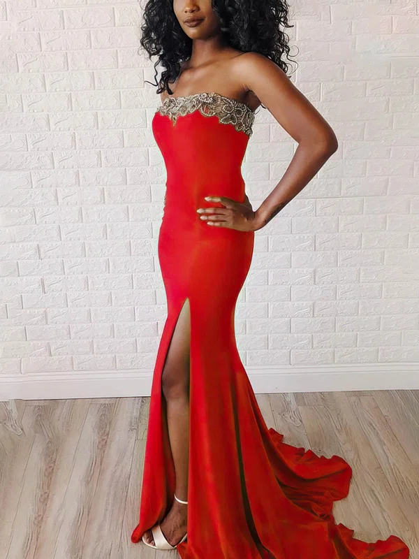 Trumpet/Mermaid Strapless Jersey Sweep Train Prom Dresses With Beading #UKM020113686
