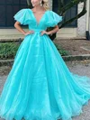 Princess V-neck Organza Sweep Train Prom Dresses With Ruffles #UKM020113696