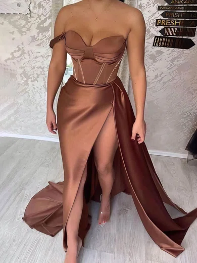Sheath/Column One Shoulder Satin Sweep Train Evening Dresses With Split Front PT020113700