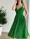 A-line V-neck Velvet Tea-length Prom Dresses With Split Front #UKM020113704