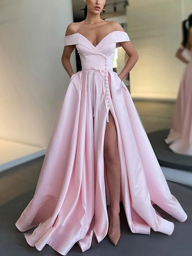 A-line Off-the-shoulder Satin Sweep Train Prom Dresses With Sashes / Ribbons #UKM020113707