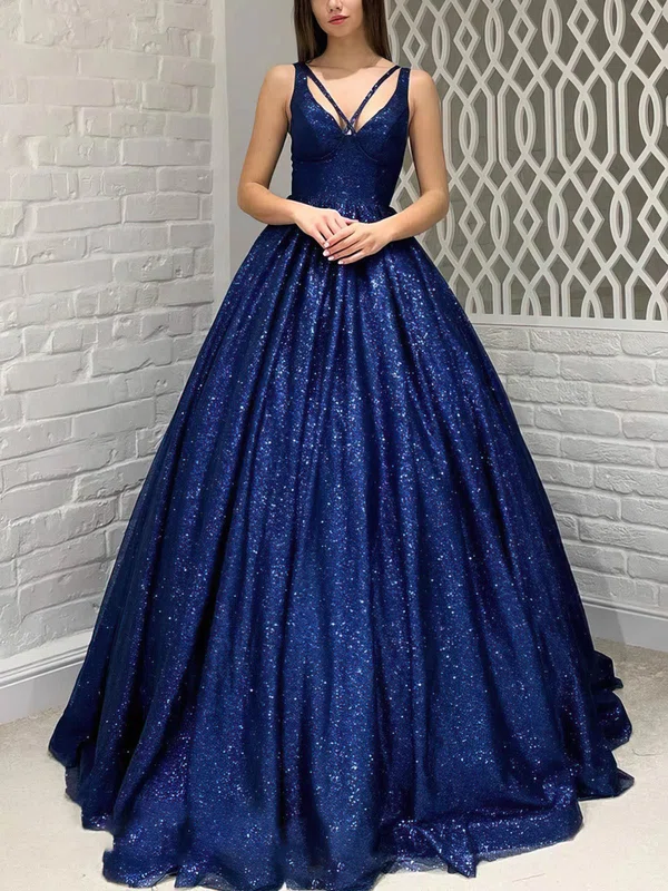 Ball Gown V-neck Glitter Sweep Train Prom Dresses #UKM020113709
