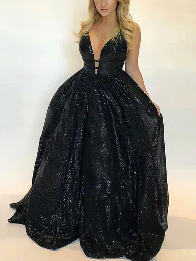 Black Ball Gown V-neck Floor-length Glitter Prom Dresses #UKM020113712