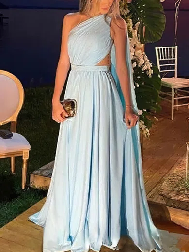 A-line One Shoulder Chiffon Floor-length Prom Dresses With Ruffles #UKM020113714