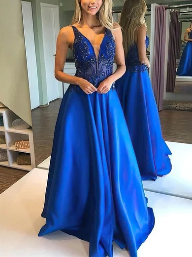 A-line V-neck Satin Floor-length Prom Dresses With Beading #UKM020113715