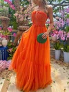 A-line Strapless Tulle Floor-length Prom Dresses With Flower(s) #UKM020113717