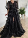 Ball Gown/Princess Sweep Train V-neck Tulle Split Front Prom Dresses #UKM020113719