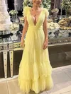 A-line V-neck Tulle Floor-length Prom Dresses With Sashes / Ribbons #UKM020113723