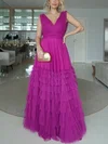 A-line V-neck Tulle Floor-length Prom Dresses With Tiered #UKM020113728