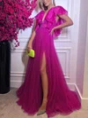Ball Gown/Princess V-neck Tulle Sweep Train Prom Dresses With Split Front #UKM020113731