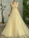 A-line Square Neckline Tulle Floor-length Prom Dresses With Sashes / Ribbons #UKM020113733