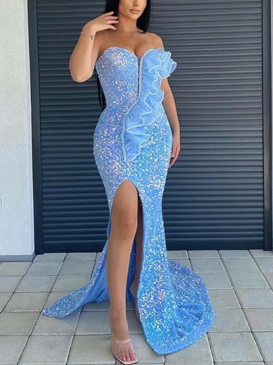 Trumpet/Mermaid Sweetheart Sequined Sweep Train Prom Dresses With Split Front #UKM020113734