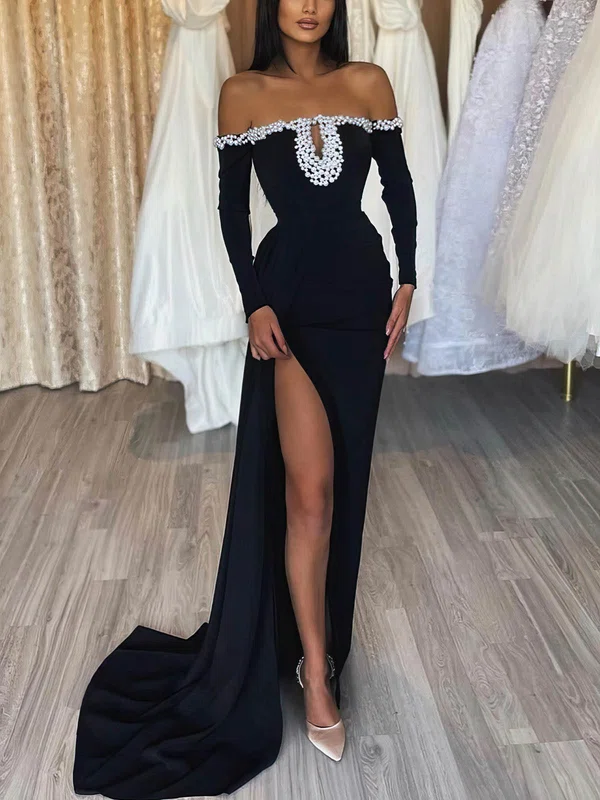 Sheath/Column Off-the-shoulder Jersey Sweep Train Evening Dresses With Split Front PT020113735