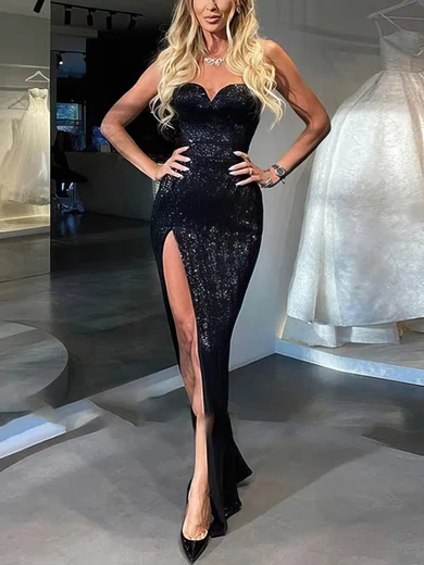 Black Sheath/Column Strapless Sparkly Sequin Prom Dresses #UKM020113740