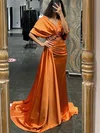 Sheath/Column V-neck Silk-like Satin Sweep Train Prom Dresses With Beading #UKM020113743
