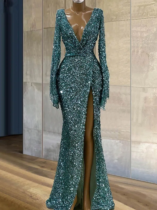 Trumpet/Mermaid V-neck Sequined Floor-length Prom Dresses With Split Front #UKM020113744