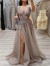 A-line V-neck Tulle Sweep Train Prom Dresses With Beading #UKM020113748