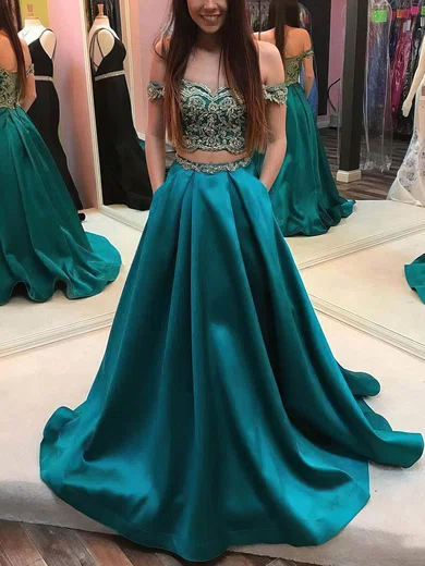 A-line Off-the-shoulder Satin Sweep Train Prom Dresses With Pockets #UKM020113750
