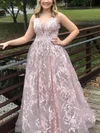 A-line V-neck Lace Floor-length Prom Dresses With Pearl Detailing #UKM020113751