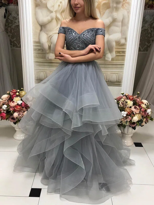 Princess Off-the-shoulder Tulle Floor-length Prom Dresses With Beading #UKM020113752