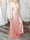 A-line V-neck Glitter Floor-length Prom Dresses With Sashes / Ribbons #UKM020113754