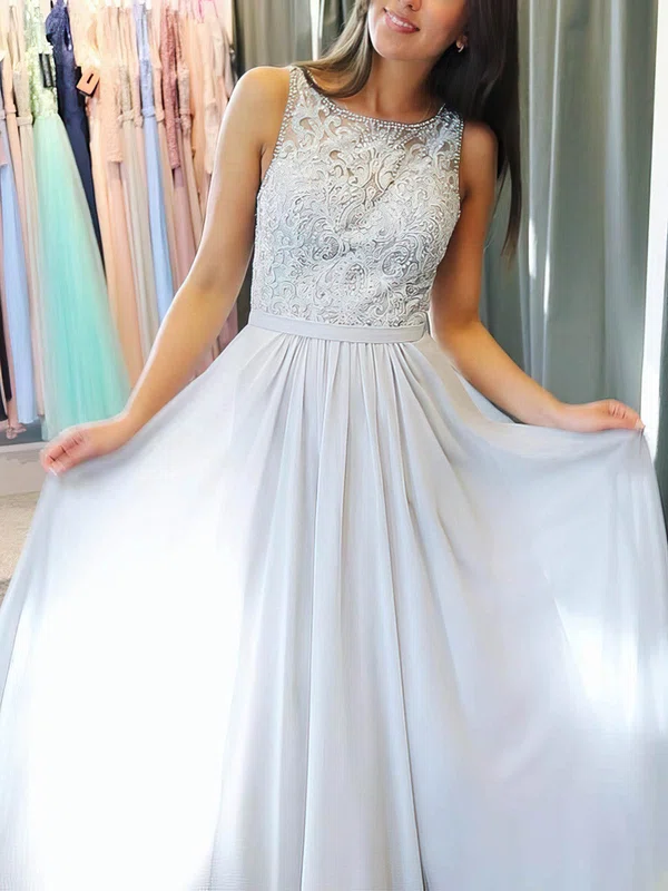 A-line Scoop Neck Lace Chiffon Floor-length Prom Dresses With Sashes / Ribbons #UKM020113755