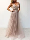 A-line V-neck Tulle Floor-length Prom Dresses With Beading #UKM020113758