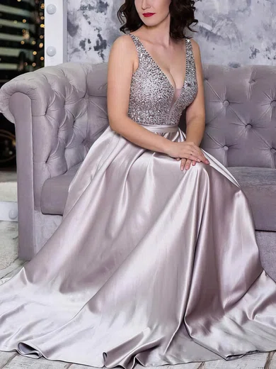 A-line V-neck Satin Sweep Train Prom Dresses With Beading #UKM020113765