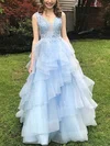 Princess V-neck Tulle Floor-length Prom Dresses With Appliques Lace #UKM020113766