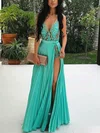 A-line V-neck Chiffon Floor-length Prom Dresses With Appliques Lace #UKM020113767