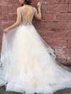 Princess V-neck Tulle Sweep Train Prom Dresses With Beading #UKM020113771