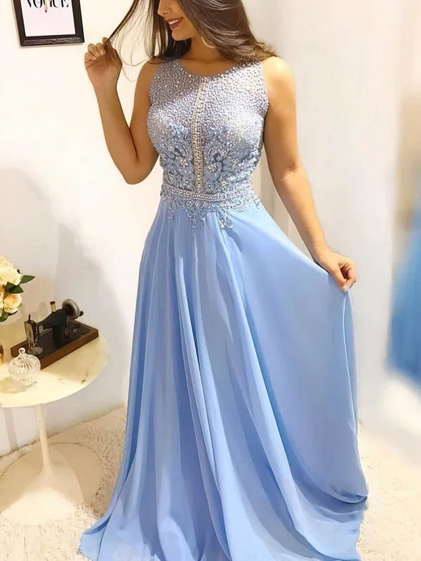 A-line Scoop Neck Chiffon Floor-length Prom Dresses With Beading #UKM020113772