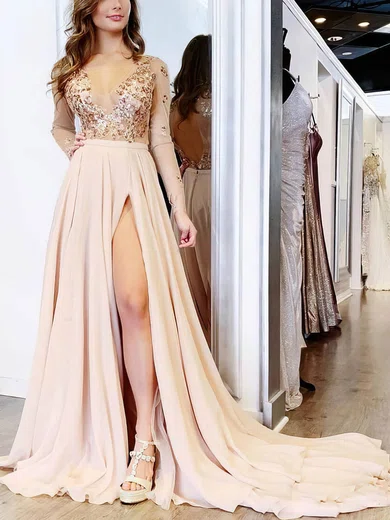 A-line V-neck Chiffon Tulle Sweep Train Prom Dresses With Split Front #UKM020113773