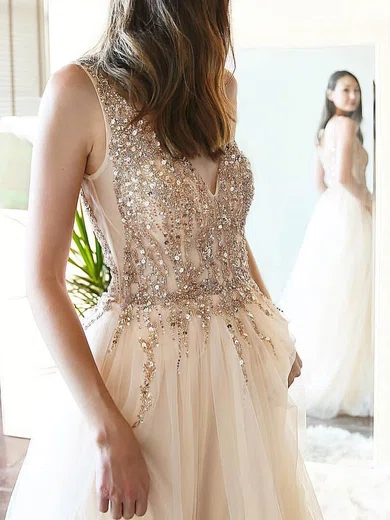 A-line V-neck Tulle Sweep Train Prom Dresses With Split Front #UKM020113777