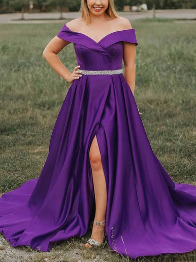 A-line Off-the-shoulder Satin Sweep Train Prom Dresses With Split Front #UKM020113780