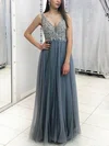 A-line V-neck Tulle Floor-length Prom Dresses With Beading #UKM020113784